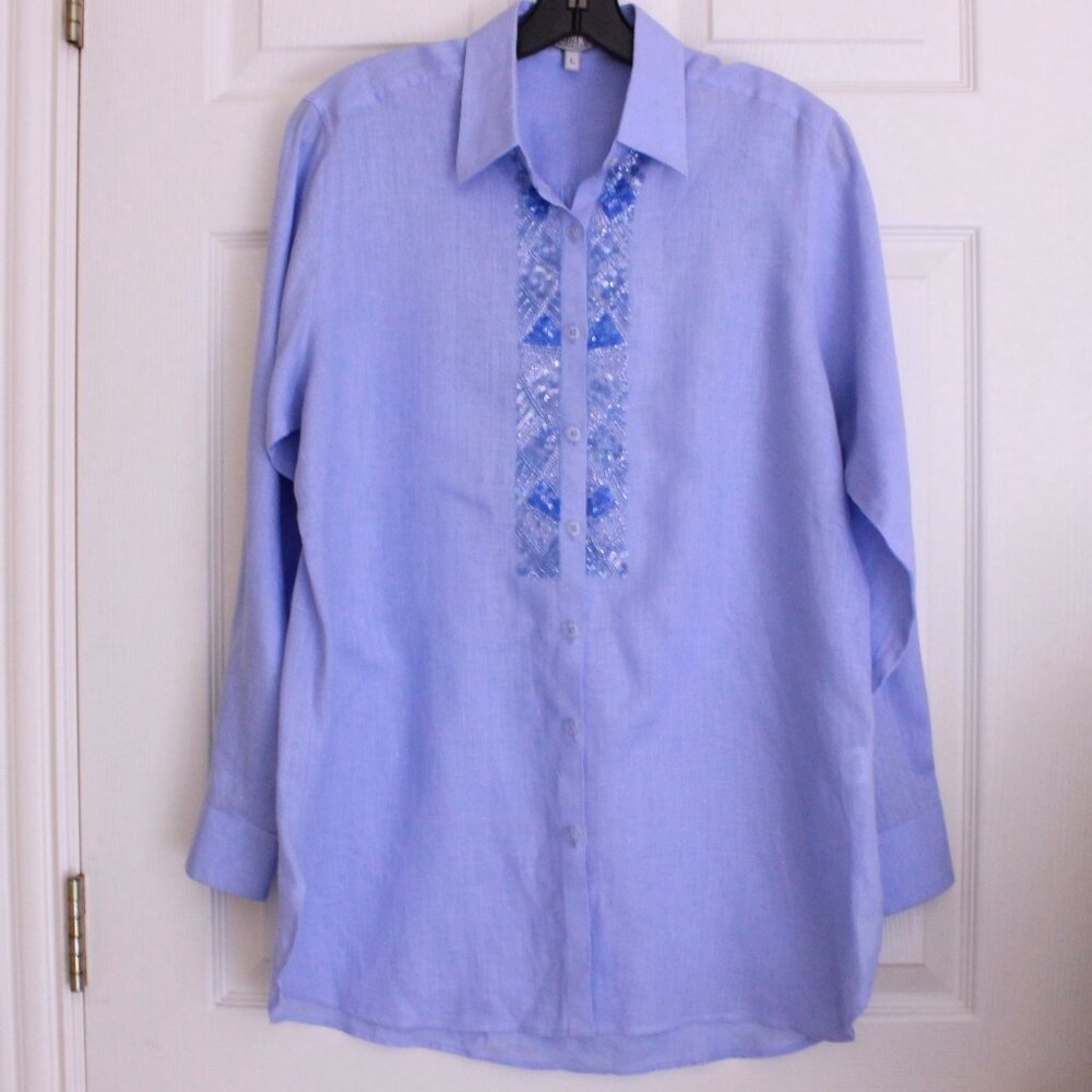 Bella Tu for GORSUCH Linen Embellished Button Up Shirt Blue Collared Sequin